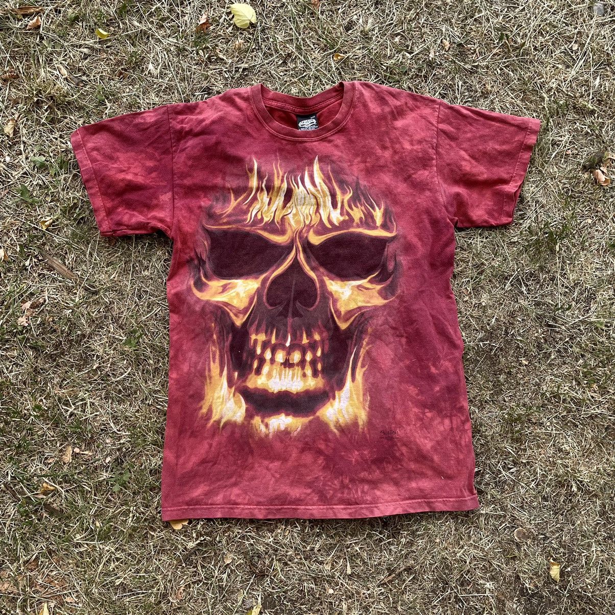 Vintage Vintage 90s Skull Fire Graphic Tee Grunge Thrashed Baggy M Size US M / EU 48-50 / 2 - 1 Thumbnail