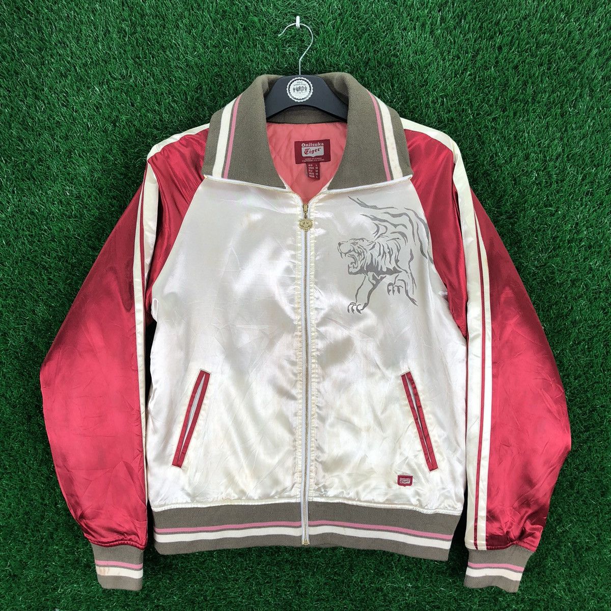 image of Onitsuka Tiger Sukajan Jacket Two Toned in Cream/Red, Men's (Size Medium)