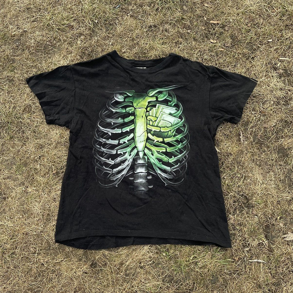 Vintage 90s Skeleton Ribcage Graphic Tee Black Goth Baggy M