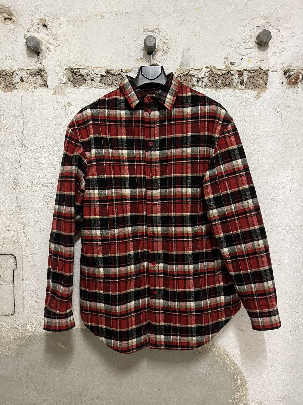 image of Balenciaga Checked Flannel Padded Shirt Jacket in Checkered, Men's (Size XL)