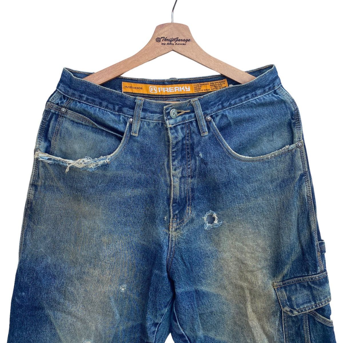 Japanese Brand Vtg Distressed Freaky Washed Denim Baggy Cargo Pants Size US 31 - 4 Thumbnail