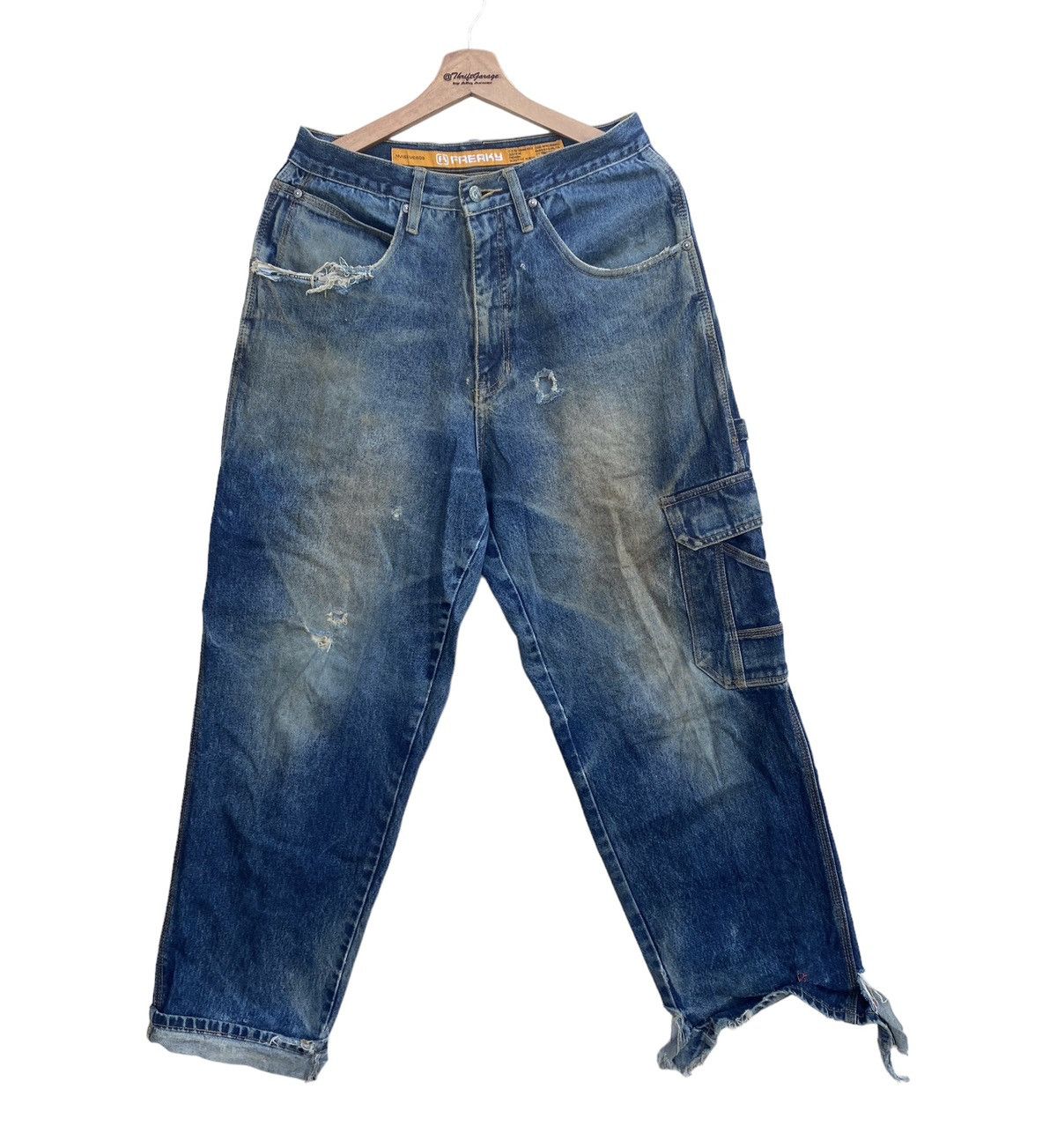 Japanese Brand Vtg Distressed Freaky Washed Denim Baggy Cargo Pants Size US 31 - 2 Thumbnail