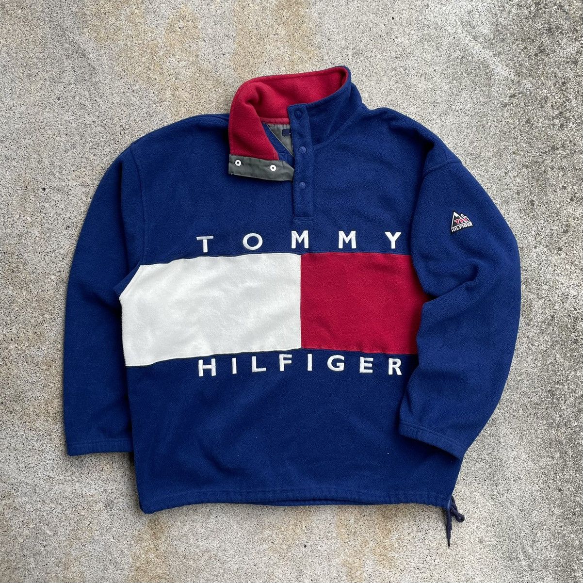image of 90's Tommy Hilfiger Big Flag Logo Fleece Sweatshirt in Blue, Men's (Size XL)