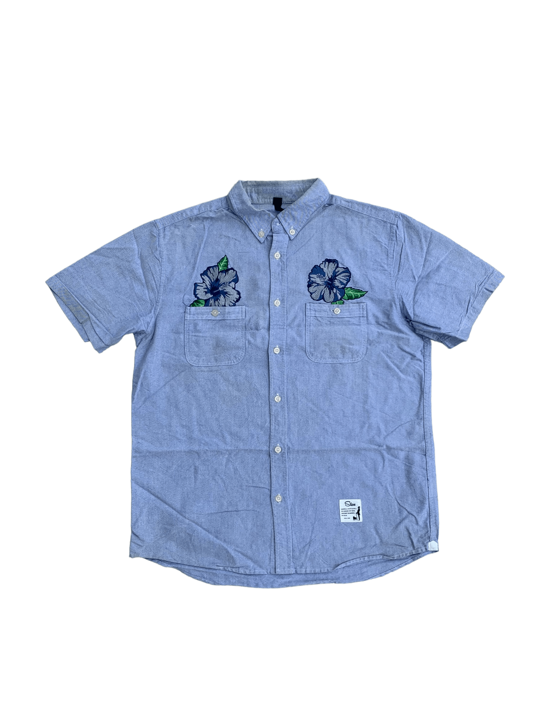 image of Silas Embroidered Hibiscus Flower Button Up S/s in Blue, Men's (Size Medium)