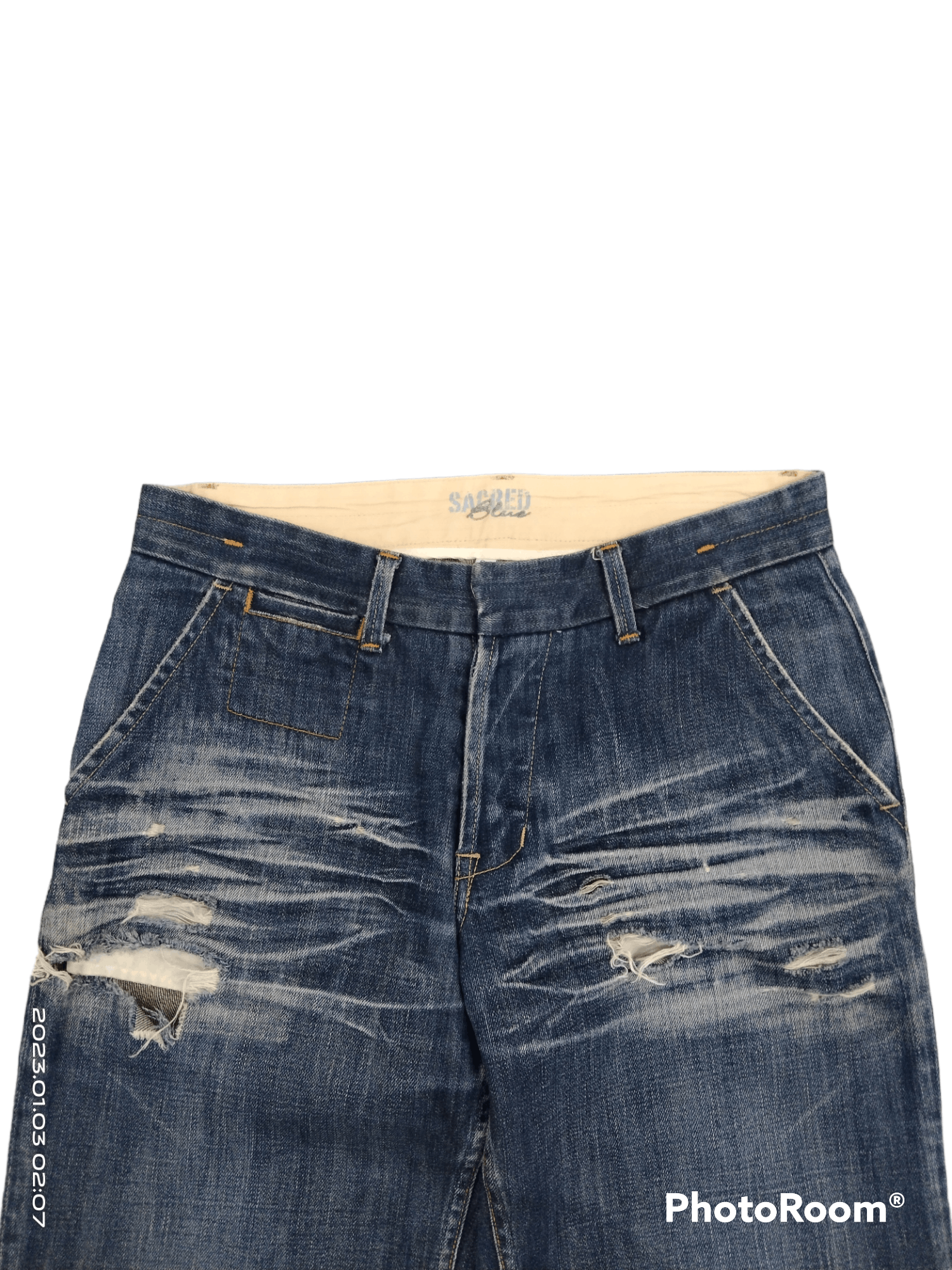 Japanese Brand SICK RIPED BAGGY SACRED DENIM PANTS Size US 32 / EU 48 - 3 Thumbnail