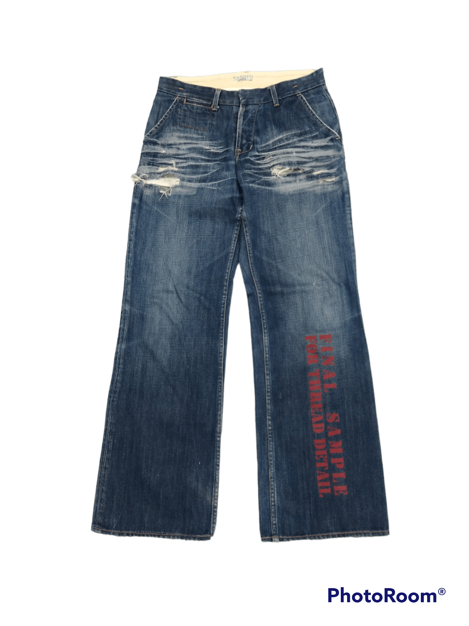 image of Avant Garde x Distressed Denim Sick Riped Baggy Sacred Denim Pants in Blue Distressed (Size 32)