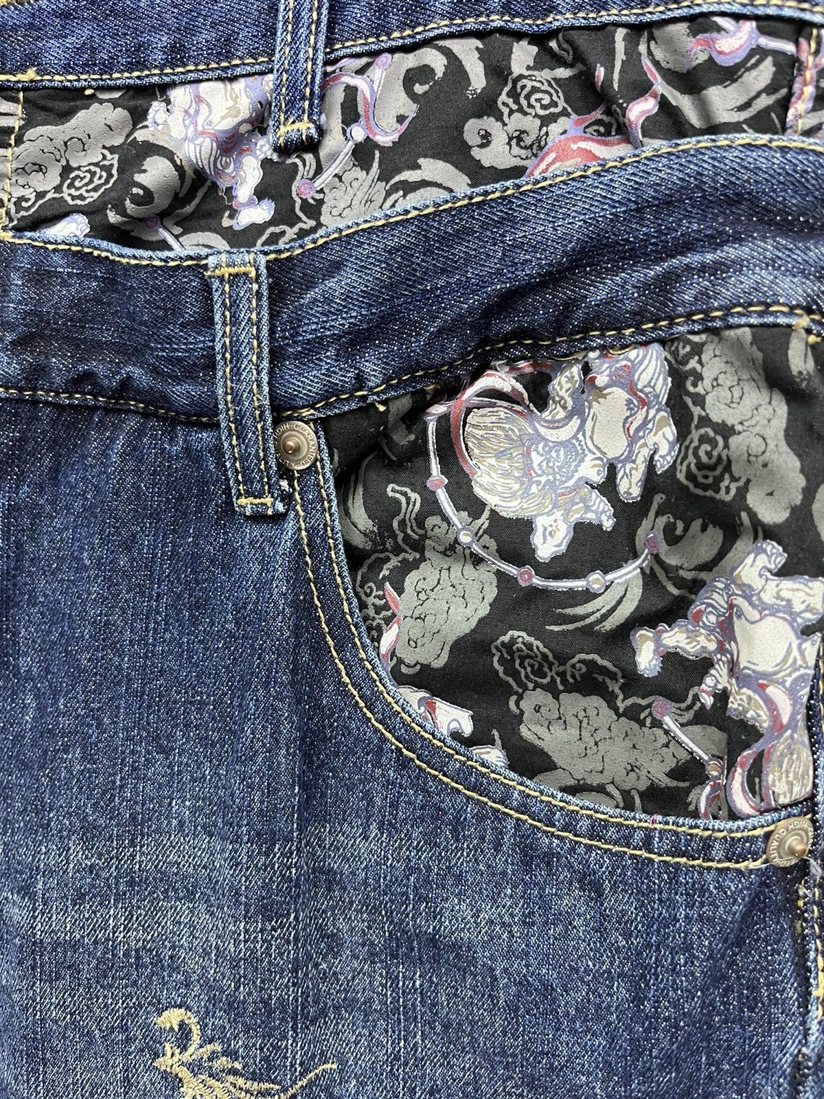 Karakuri Tamashii Phoenix Bird Embroidery x Raijin Double Waist Denim Pants Size US 34 / EU 50 - 4 Thumbnail