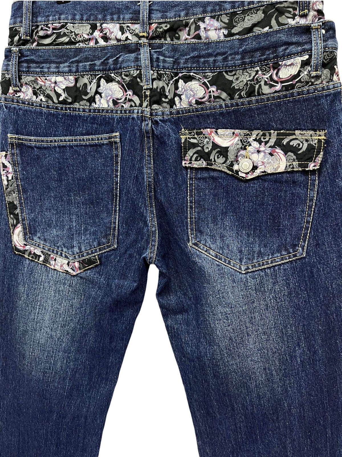 Karakuri Tamashii Phoenix Bird Embroidery x Raijin Double Waist Denim Pants Size US 34 / EU 50 - 9 Thumbnail