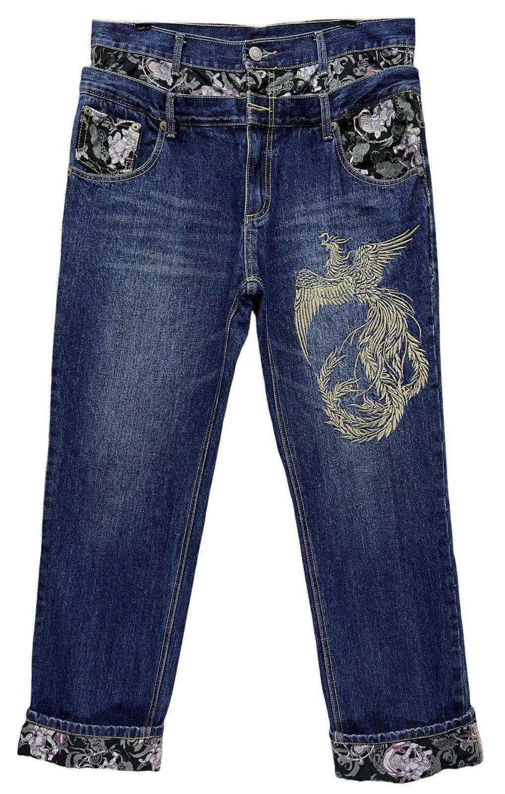 Karakuri Tamashii Phoenix Bird Embroidery x Raijin Double Waist Denim Pants Size US 34 / EU 50 - 2 Thumbnail