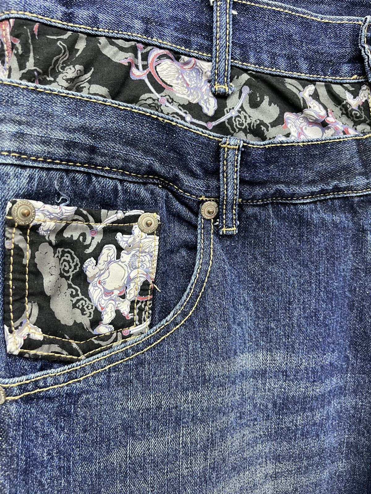 Karakuri Tamashii Phoenix Bird Embroidery x Raijin Double Waist Denim Pants Size US 34 / EU 50 - 5 Thumbnail