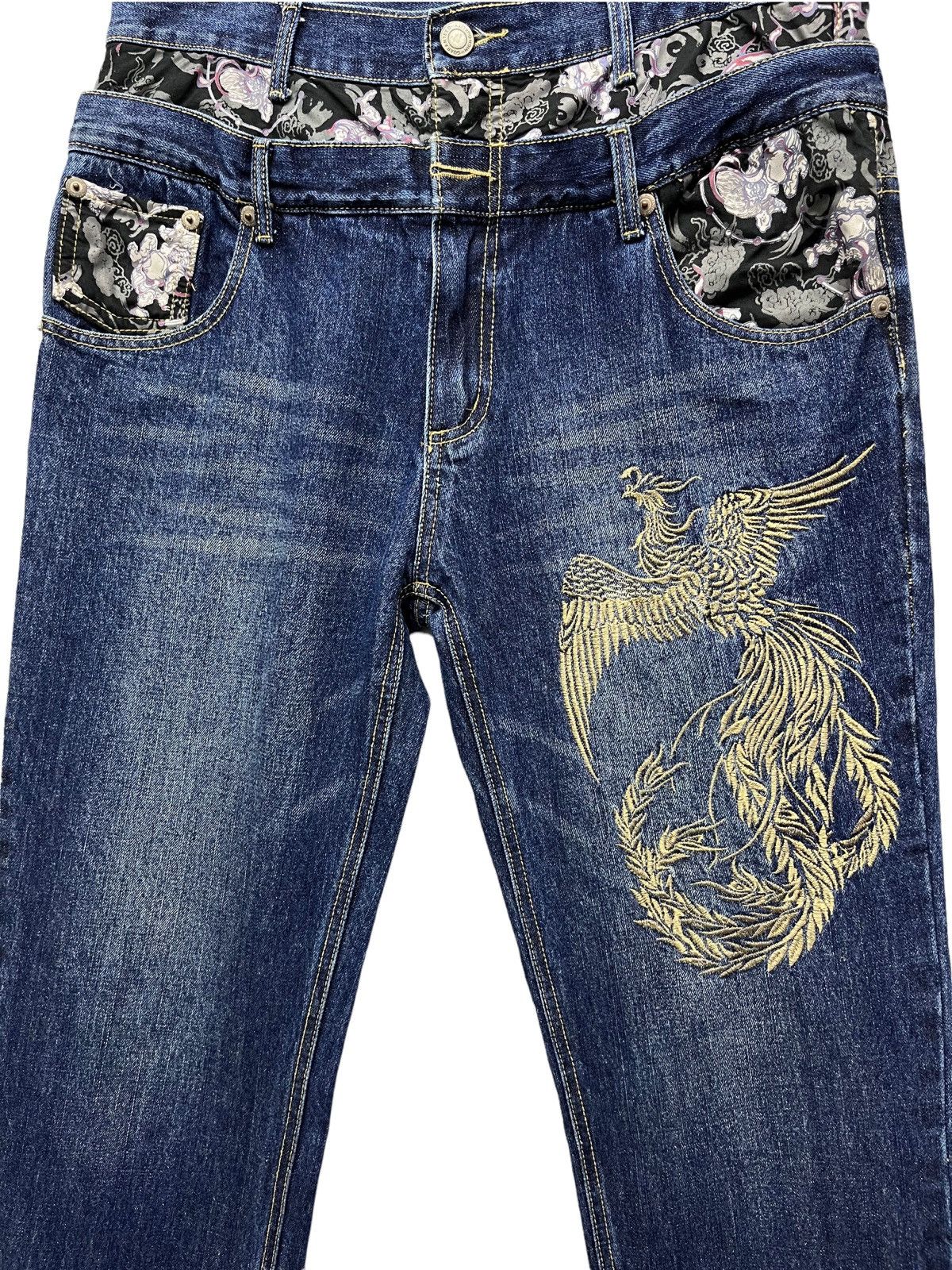 Karakuri Tamashii Phoenix Bird Embroidery x Raijin Double Waist Denim Pants Size US 34 / EU 50 - 1 Thumbnail