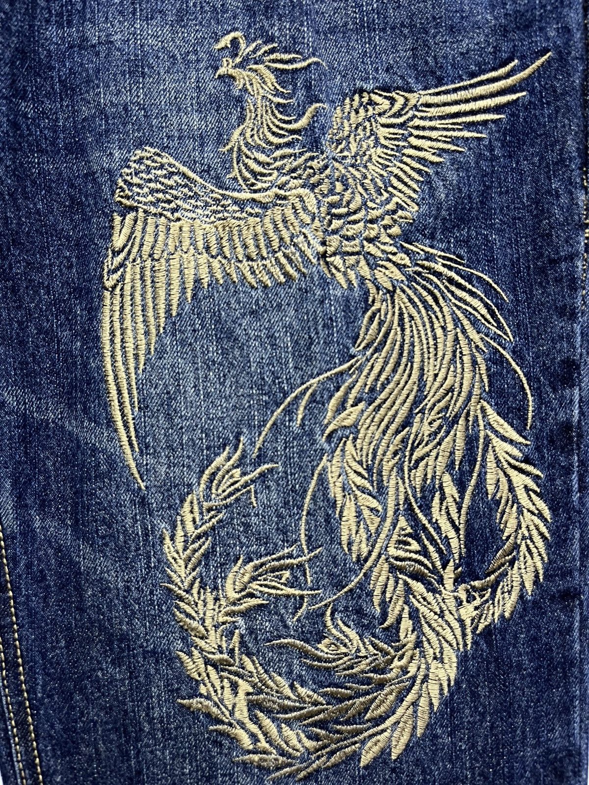 Karakuri Tamashii Phoenix Bird Embroidery x Raijin Double Waist Denim Pants Size US 34 / EU 50 - 3 Thumbnail