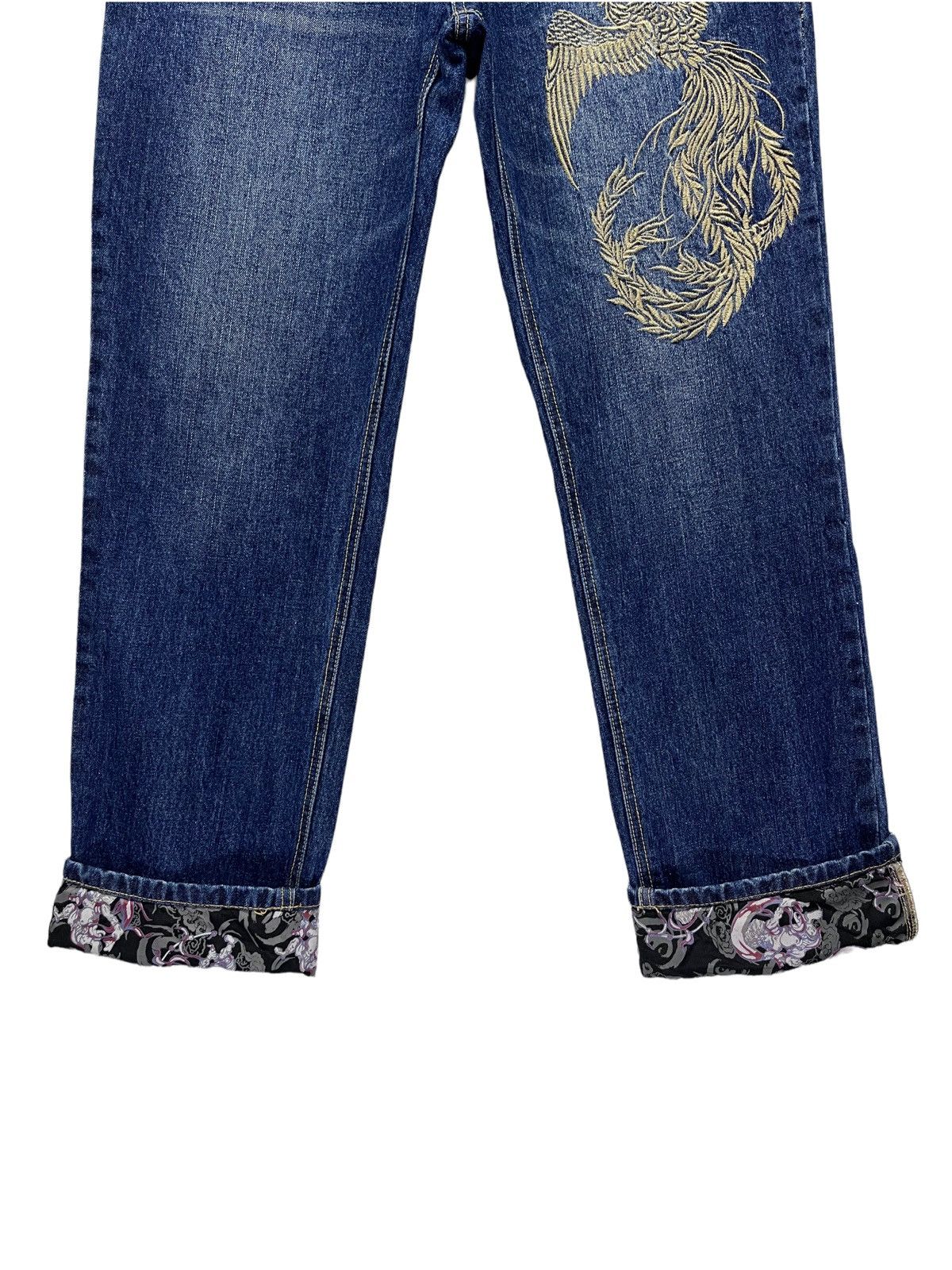Karakuri Tamashii Phoenix Bird Embroidery x Raijin Double Waist Denim Pants Size US 34 / EU 50 - 10 Thumbnail