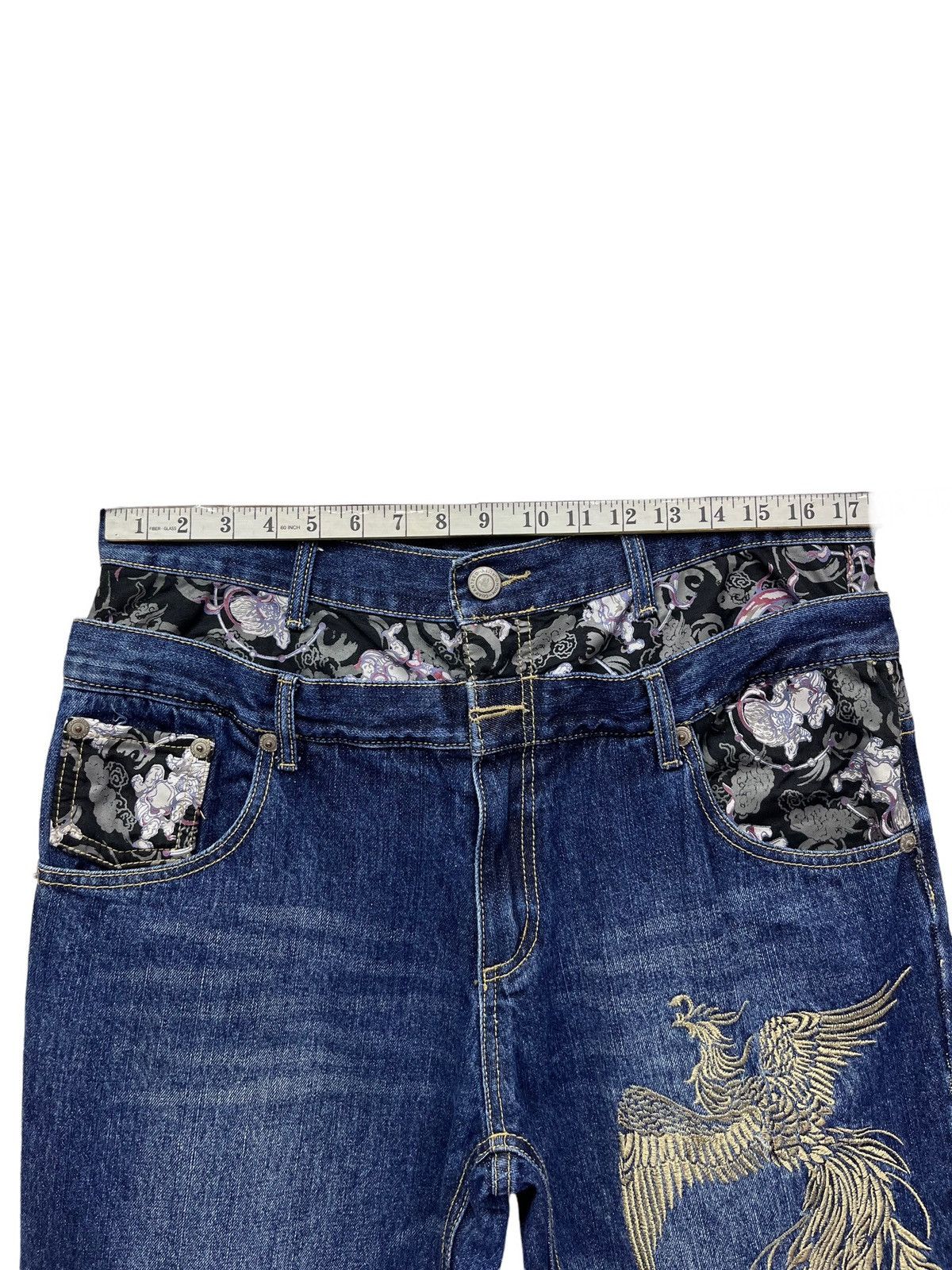 Karakuri Tamashii Phoenix Bird Embroidery x Raijin Double Waist Denim Pants Size US 34 / EU 50 - 15 Thumbnail