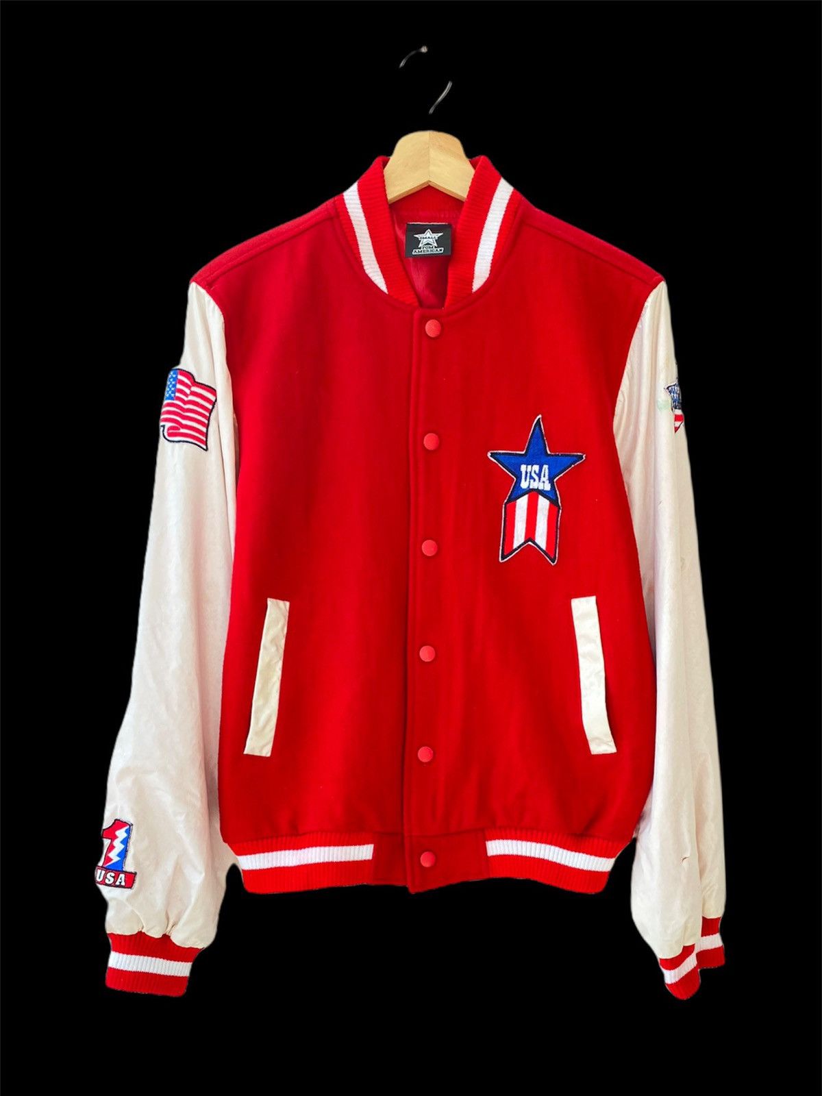 image of American Apparel x Varsity Jacket Pom American Embroidered Red Varsity Jacket, Men's (Size Small)