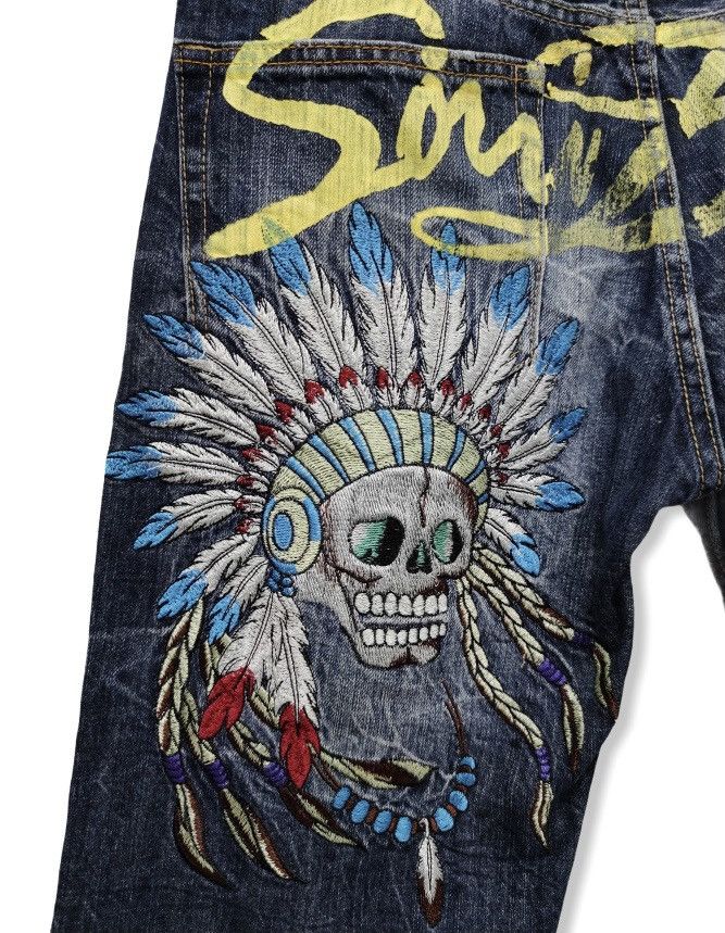 image of Skull Jeans x Skulls Sorridere Indian Chief Head Skull Embroidery Denim Shorts in Blue Denim (Size 