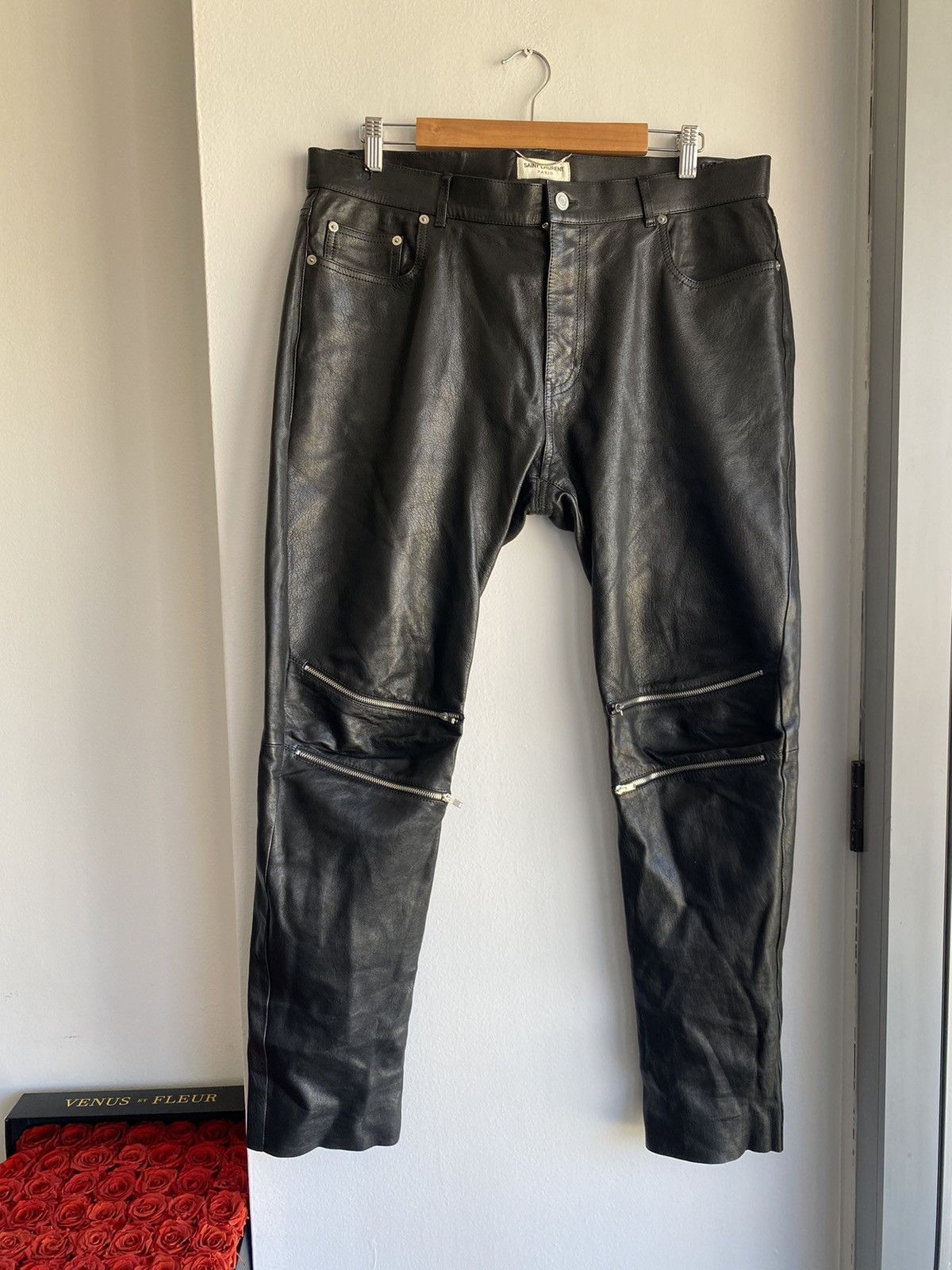 image of Hedi Slimane x Saint Laurent Paris Slp Fw15 Leather Lamb Pants Jeans Eu52 $3700 in Black (Size 34)