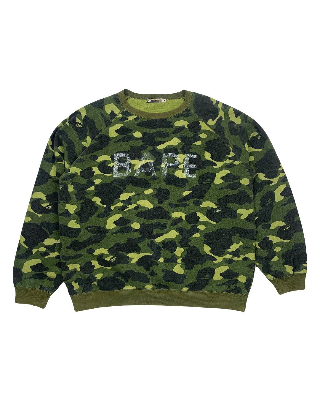 image of Bape A Bathing Ape Green 1St Camo Spell Out Crew Neck Pullover, Men's (Size XL)