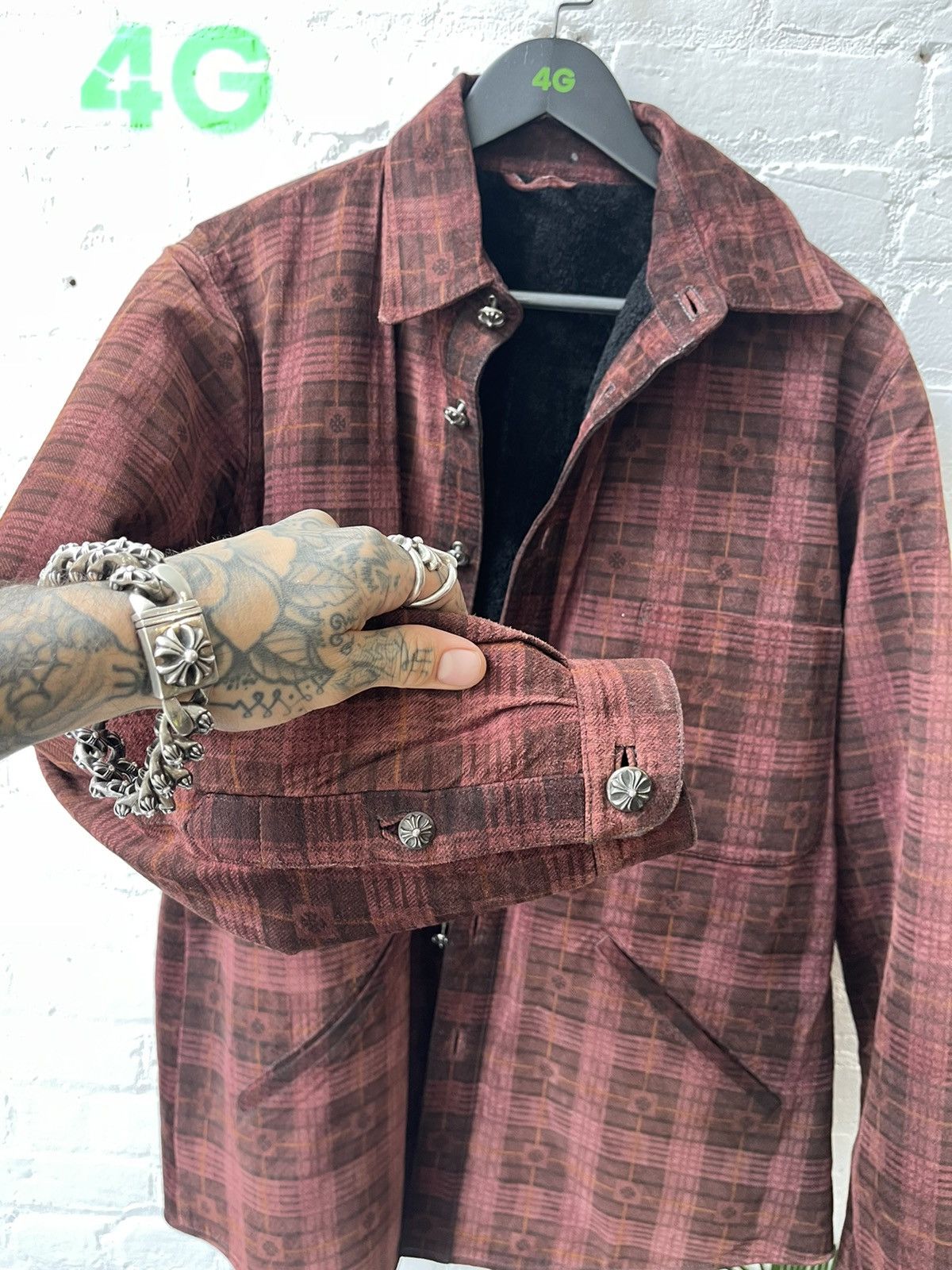 image of Chrome Hearts Plus Plaid Suede Jacket Shearling Interior L in Red, Men's (Size Large)