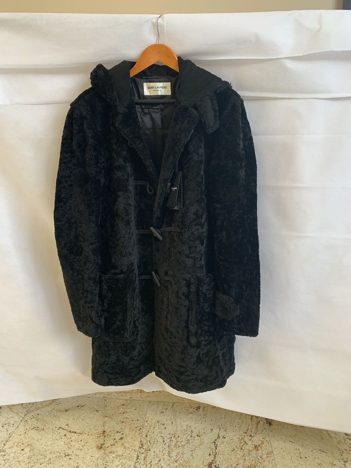 image of Saint Laurent Paris Duffle Shearling Coat With Suede Hood In Black, Men's (Size Medium)