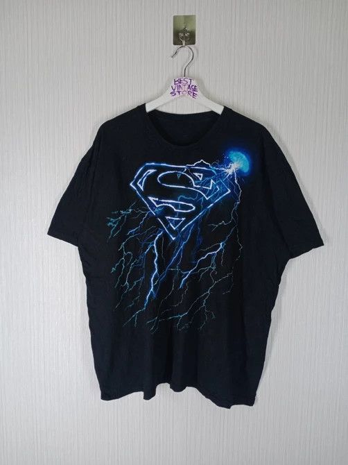 image of Dc Comics x Marvel Comics Vintage Superman Thunder Big Logo Black Tshirt, Men's (Size 2XL)