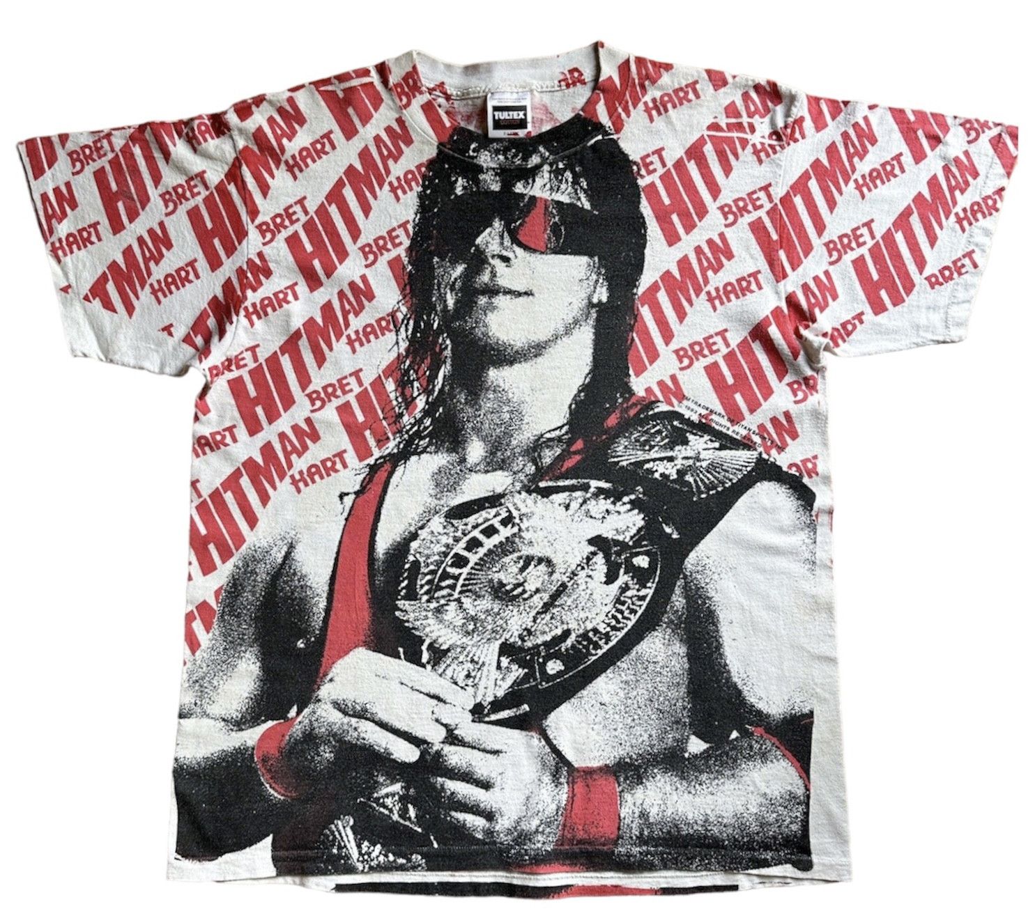 image of Vintage 1993 Wwf Bret Hart All Over Print Aop T-Shirt in White, Men's (Size XL)