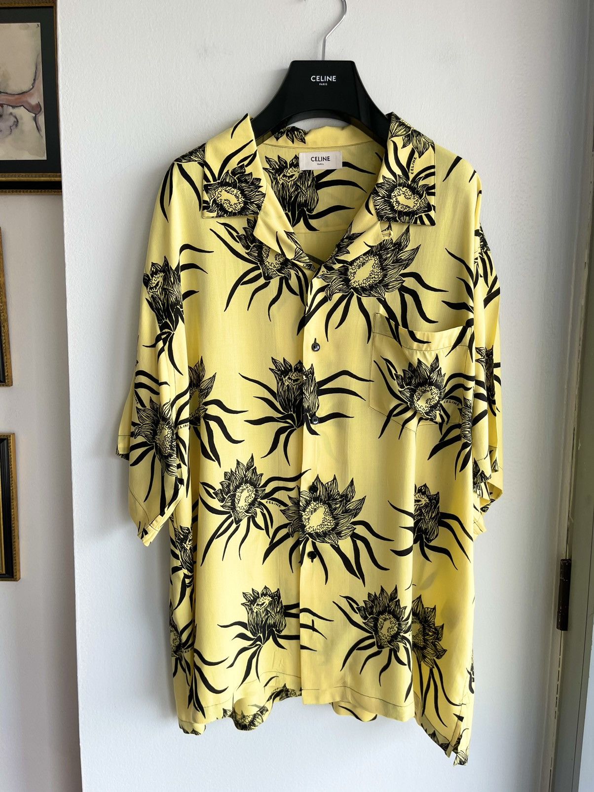 Image of Celine Ss21 Silky Hawaiian Floral Shirt Sold Out in Yellow Black, Men's (Size XL)