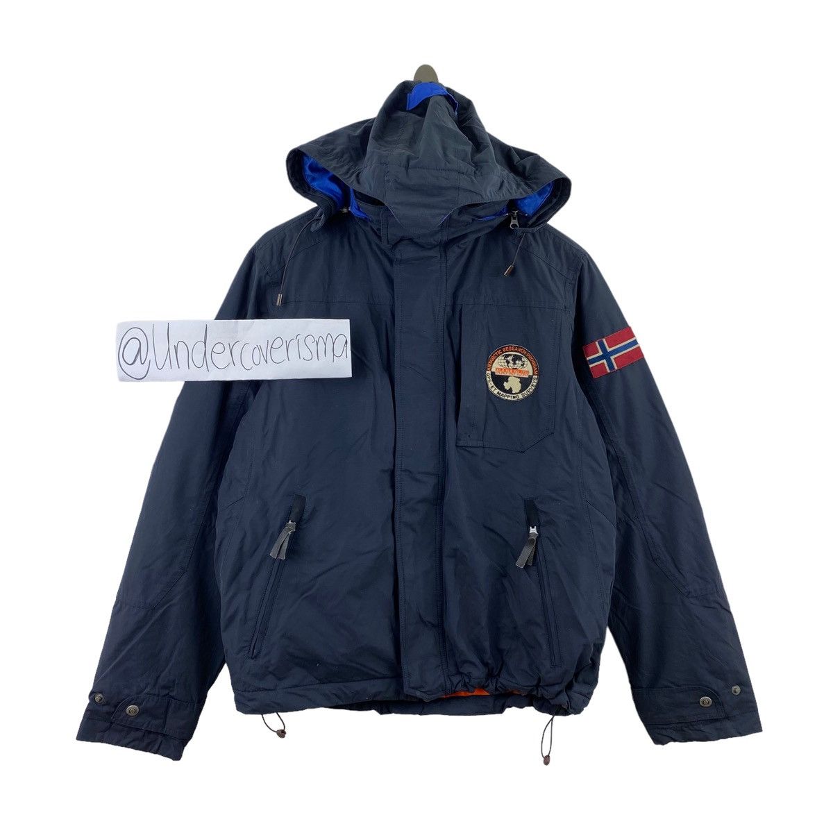 image of Vintage Napapijri Geographic Embroiderd Logo Hooded Bomber in Navy, Men's (Size Large)