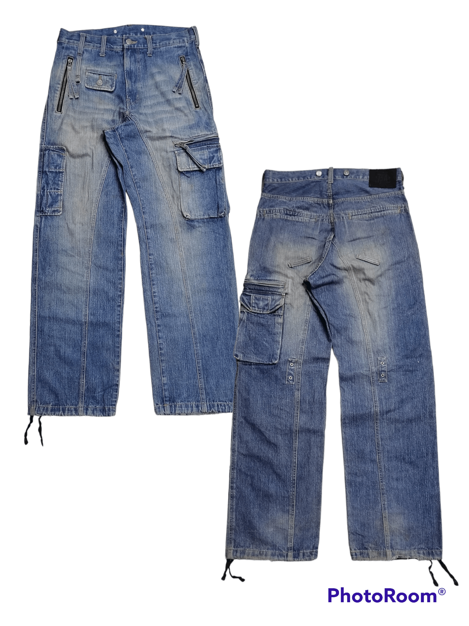 image of Distressed Denim x Ppfm Multipocket Ppfm Tactical Parachute Denim Jeans in Blue Denim (Size 31)