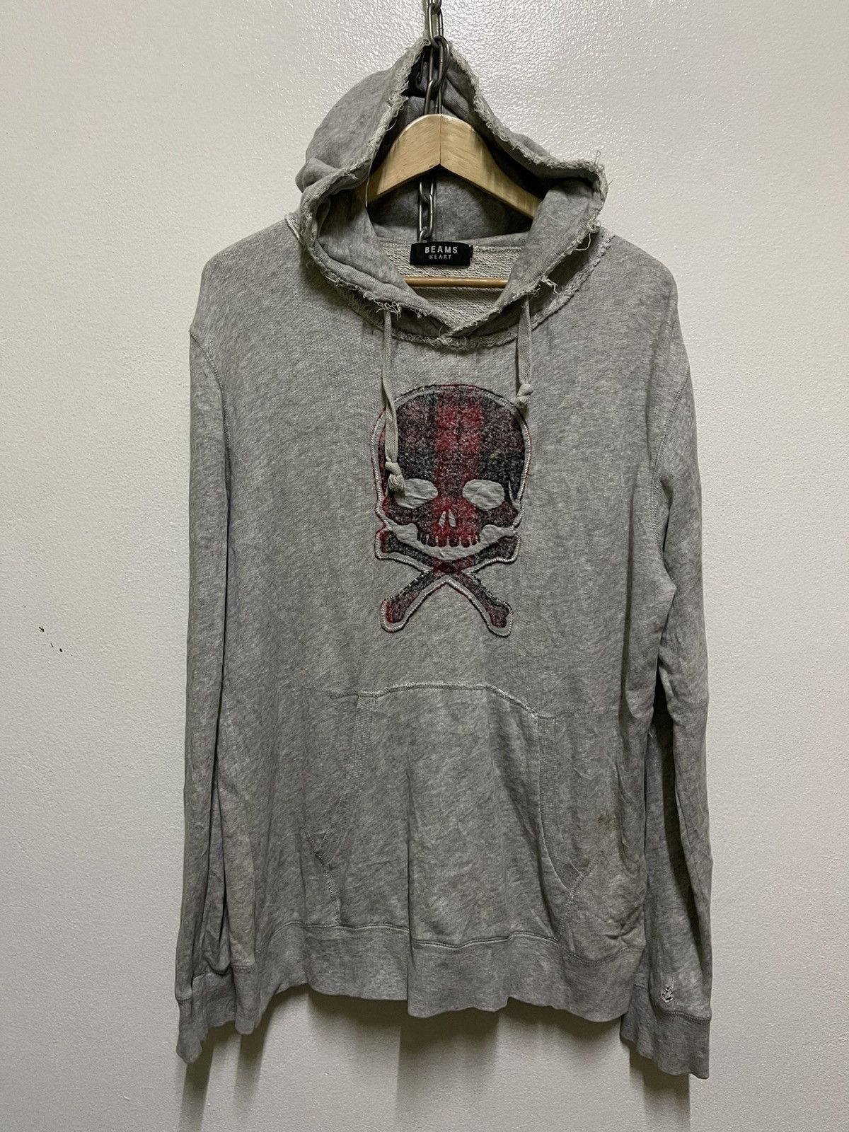 image of Beams Plus Beams Hearts Skull Distressed Hoodie in Grey, Men's (Size Large)
