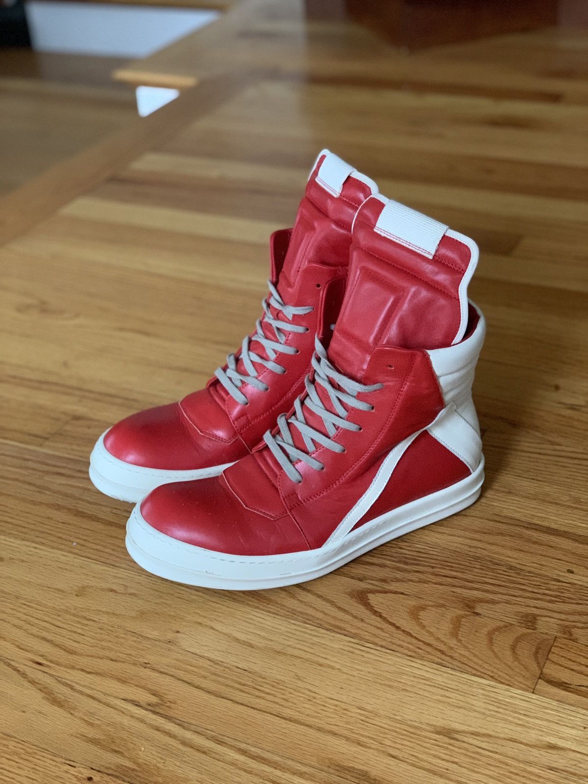 Rick Owens Rare SS21 Red and Milk Geobasket Sneakers | Grailed
