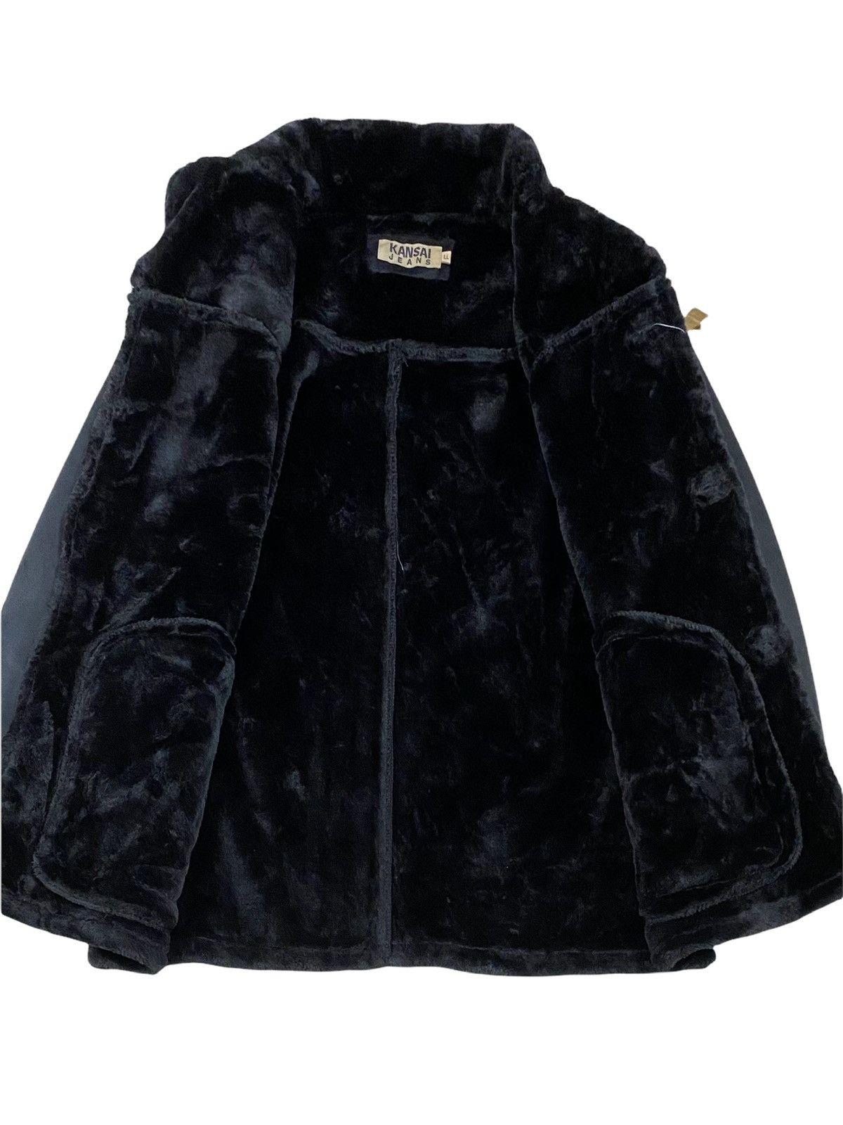 Vintage Kansai Jeans Velvet Wet Jacket Faux Fur Lined Collar Black Kansai Yamamoto L newest