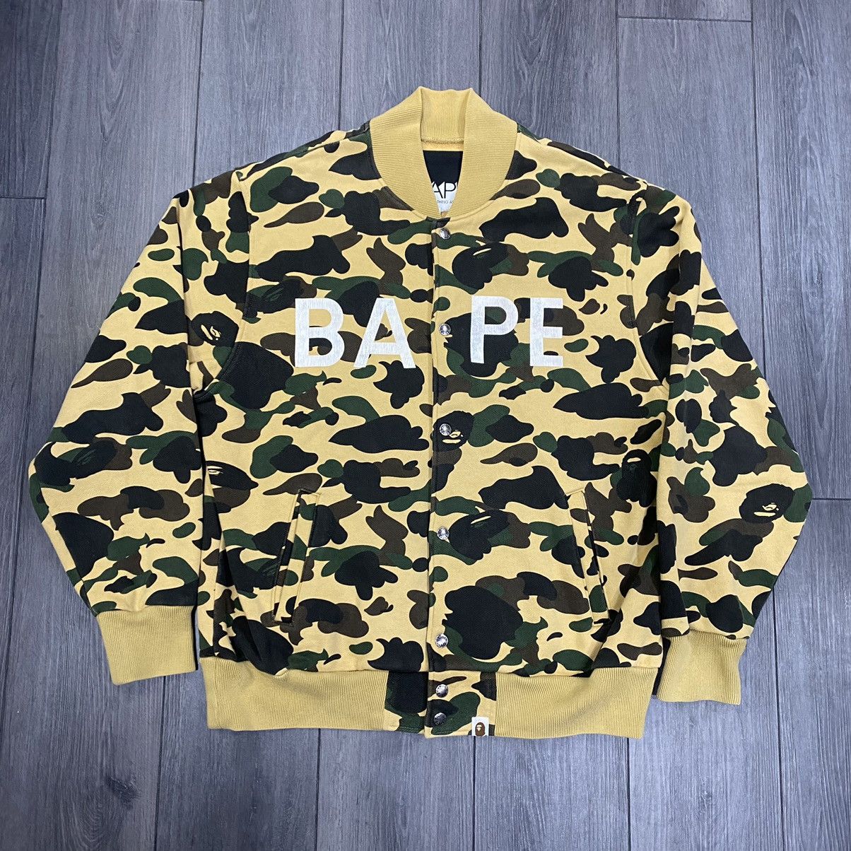 image of Bape Yellow Camo Varsity Hoodie Button Up Jacket Size L, Men's
