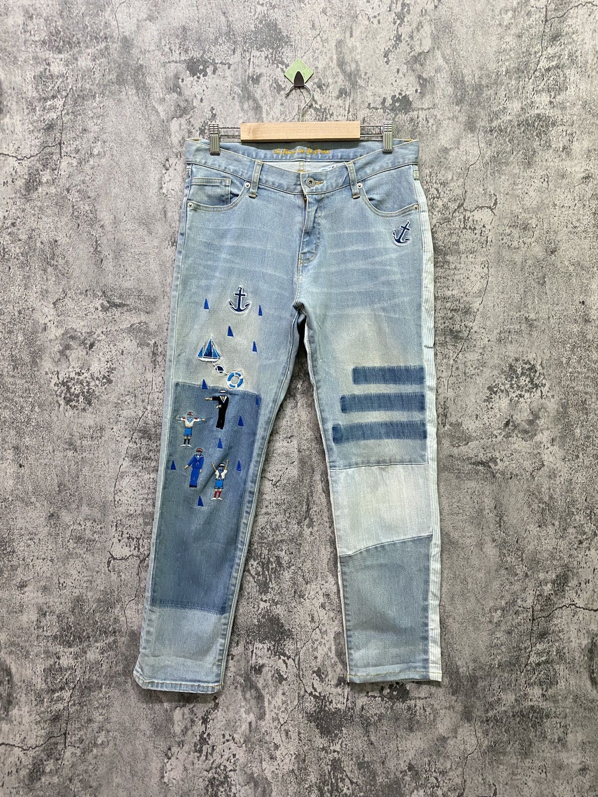 image of Designer Japan Unknown Brand Design Hybrid And Embroidered Pants in Blue, Men's (Size 30)