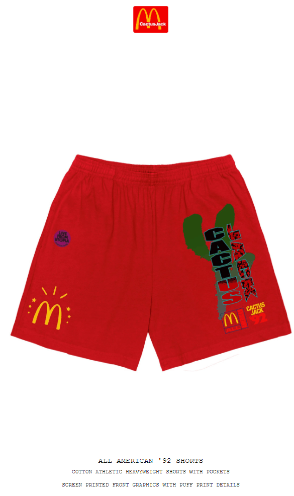 image of Travis Scott Small Cactus Jack Red Mcdonalds All American 92' Shorts I, Men's (Size 30)