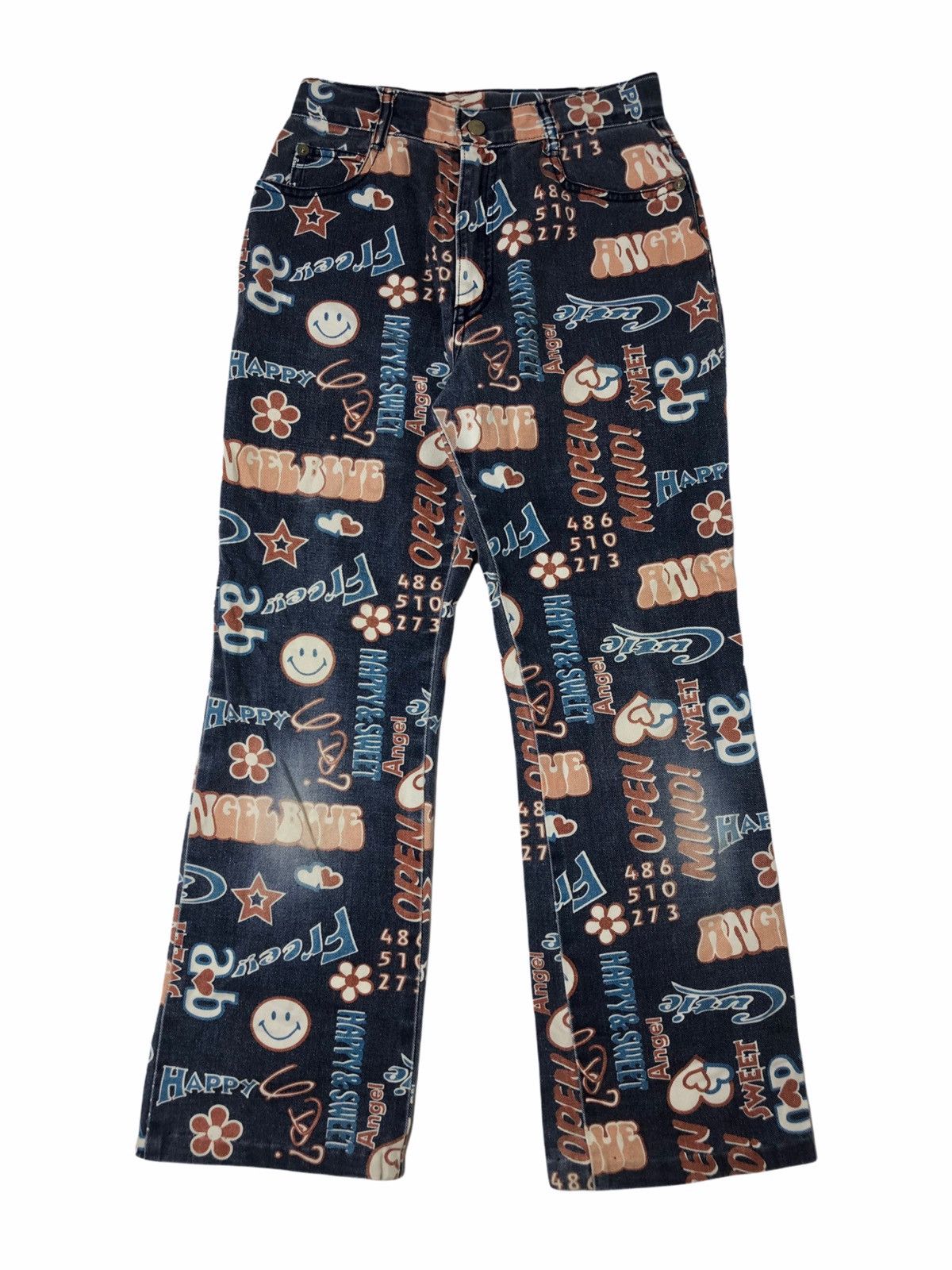 Hysteric Glamour × Japanese Brand 1990s Angel Blue - Fullprinted Word & Smile Denim Pants Size US 29 - 1 Thumbnail