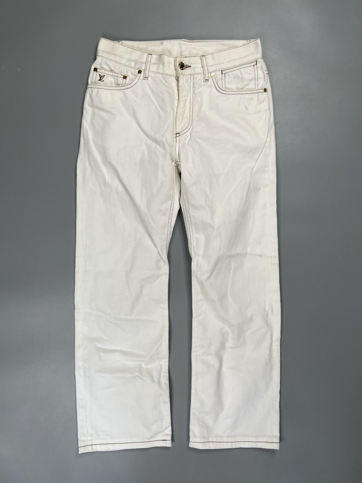 Pre-owned Louis Vuitton X Marc Jacobs 2009 Louis Vuitton Contrast Stitch Classic Logo Jeans In White