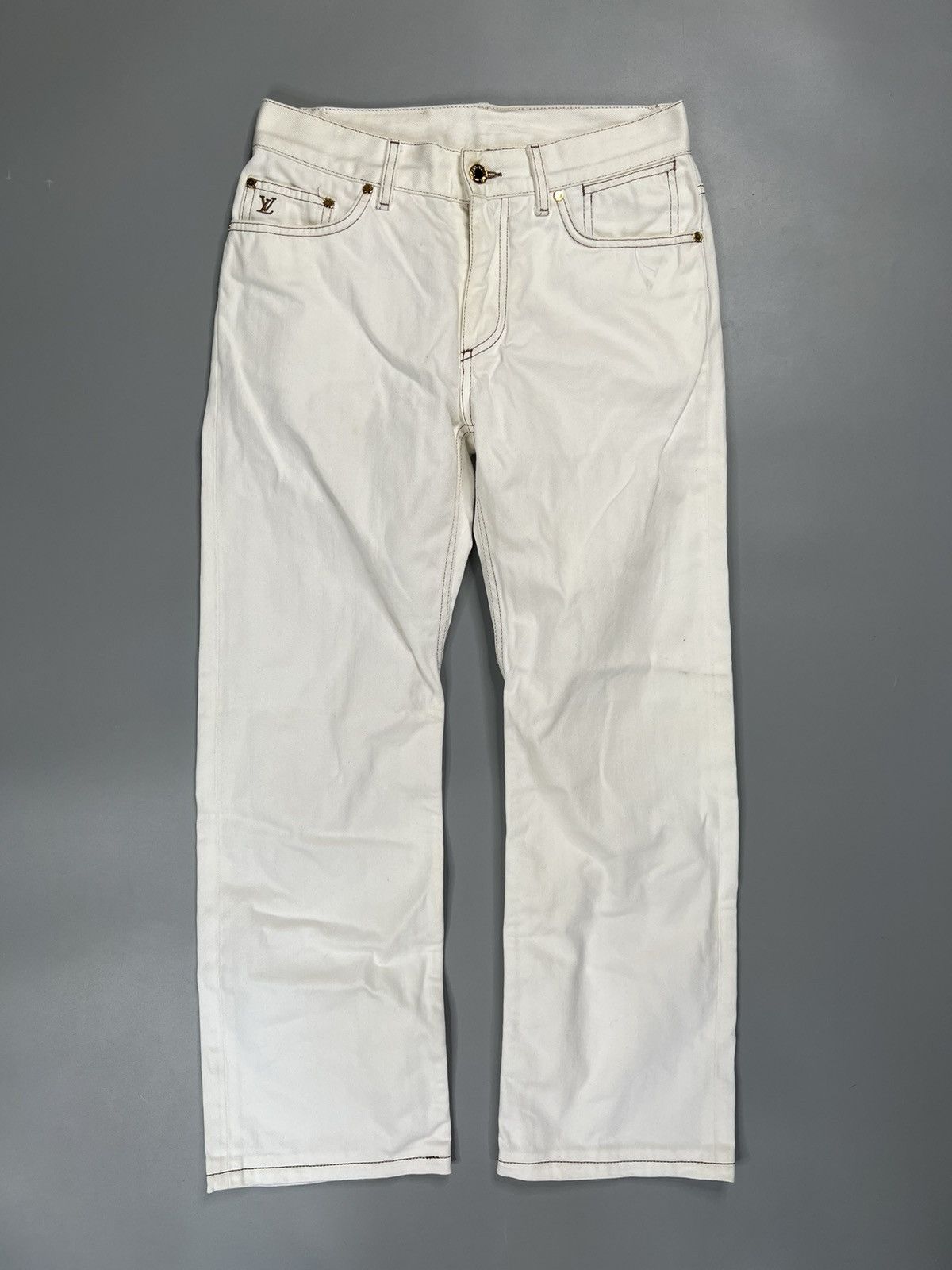 image of 2009 Louis Vuitton Contrast Stitch Classic Logo Jeans in White, Men's (Size 29)