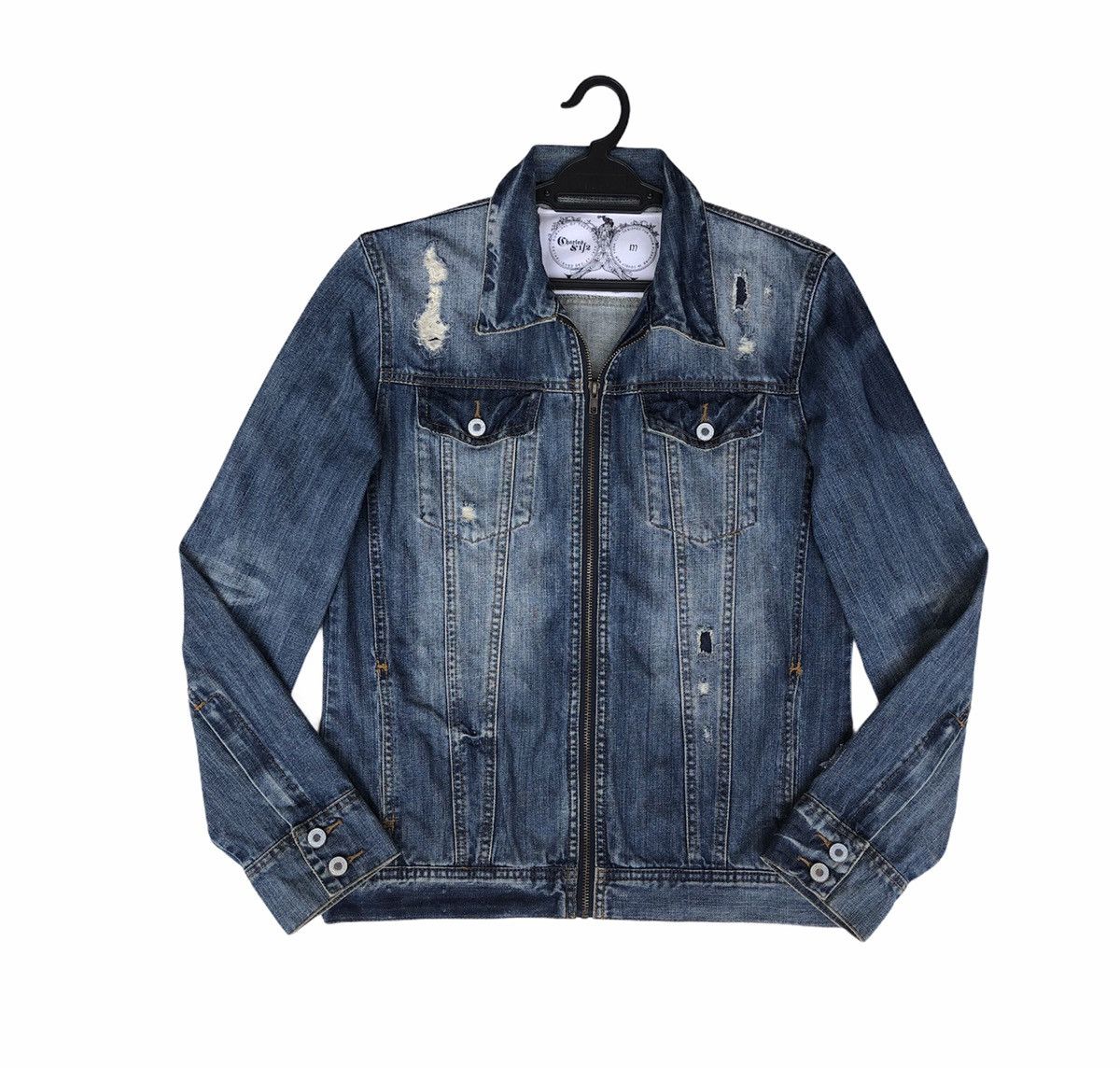 Japanese Brand Charles And A Half Men's Distressed Denim ZipUp Jean Jacket Size US M / EU 48-50 / 2 - 11 Thumbnail