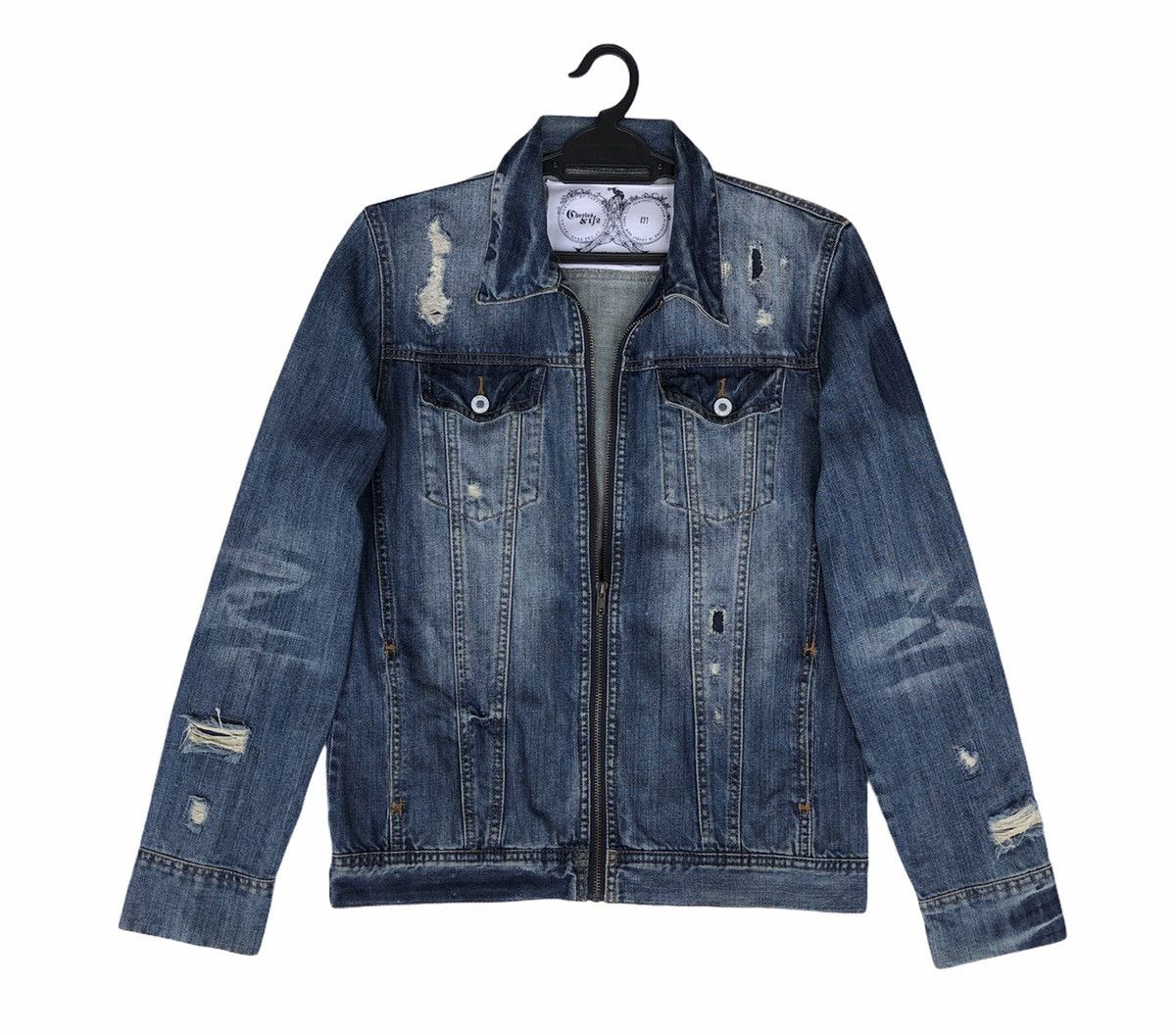 Japanese Brand Charles And A Half Men's Distressed Denim ZipUp Jean Jacket Size US M / EU 48-50 / 2 - 9 Thumbnail