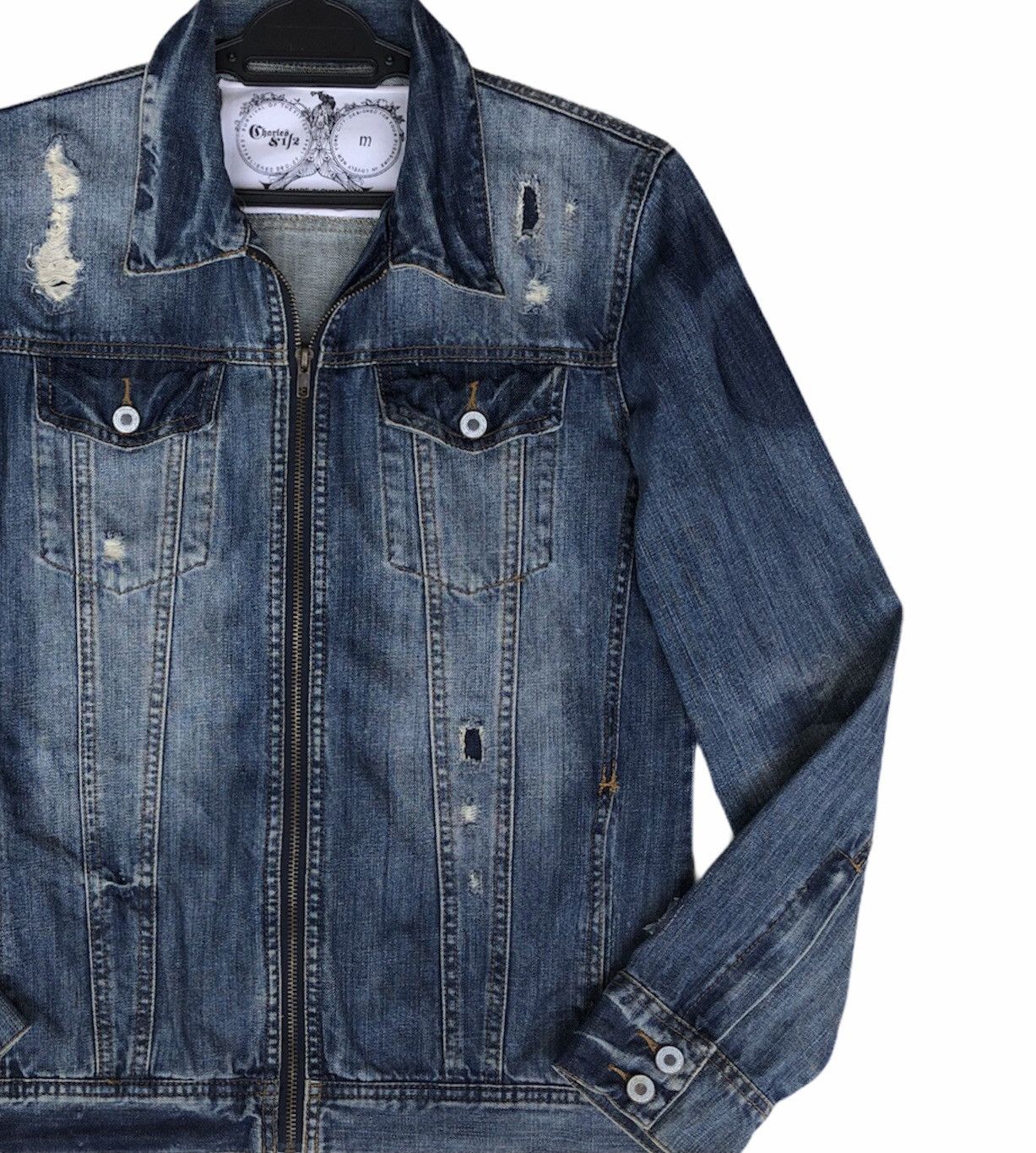 Japanese Brand Charles And A Half Men's Distressed Denim ZipUp Jean Jacket Size US M / EU 48-50 / 2 - 12 Thumbnail