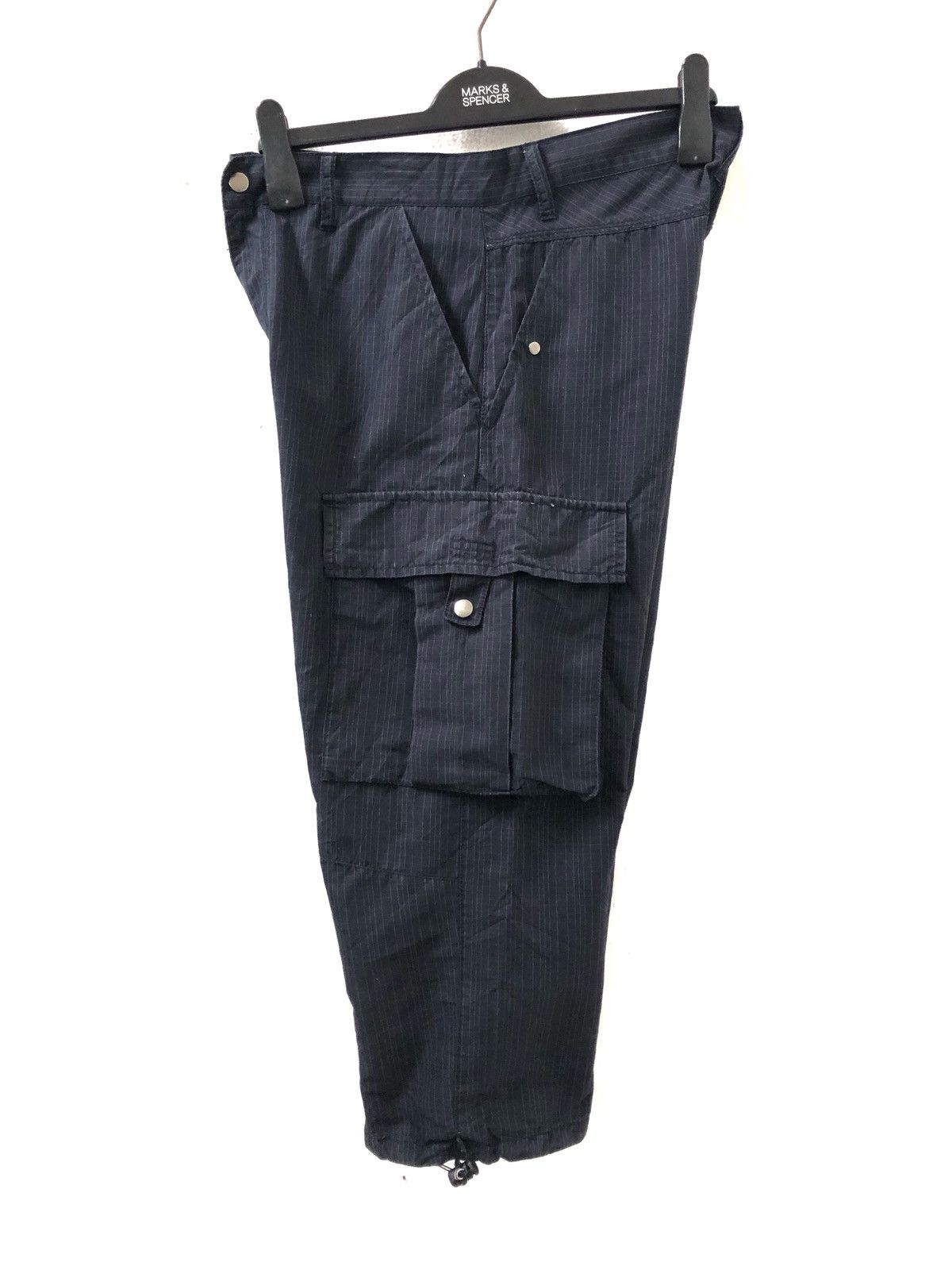 Vintage Navy Blue Striped Multi Pocket Cargo Trouser Cropped Pant Size US 31 - 12 Thumbnail