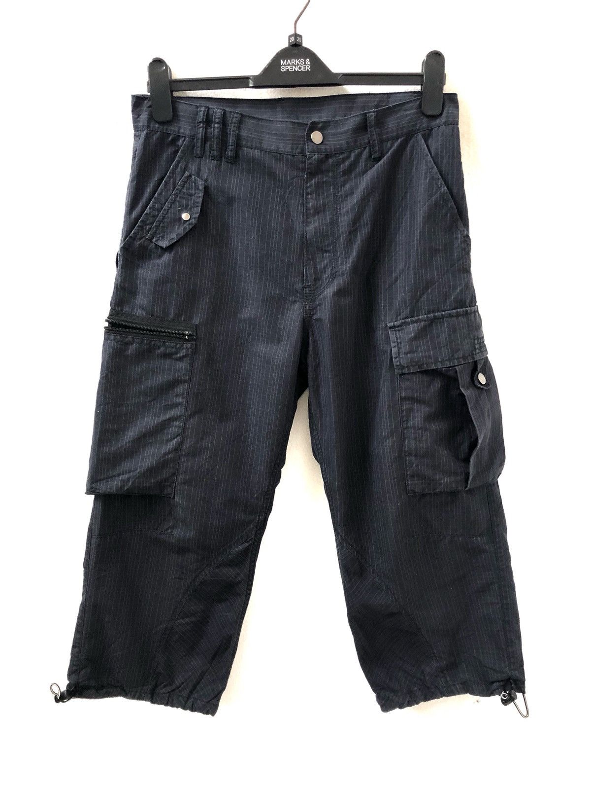 Vintage Navy Blue Striped Multi Pocket Cargo Trouser Cropped Pant Size US 31 - 1 Thumbnail