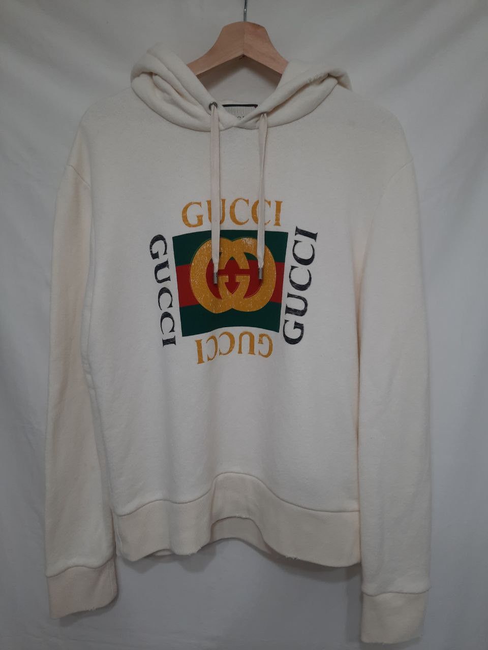 image of Gucci Vintage Square Bootleg Distressed Logo Hoodie in White, Men's (Size XS)