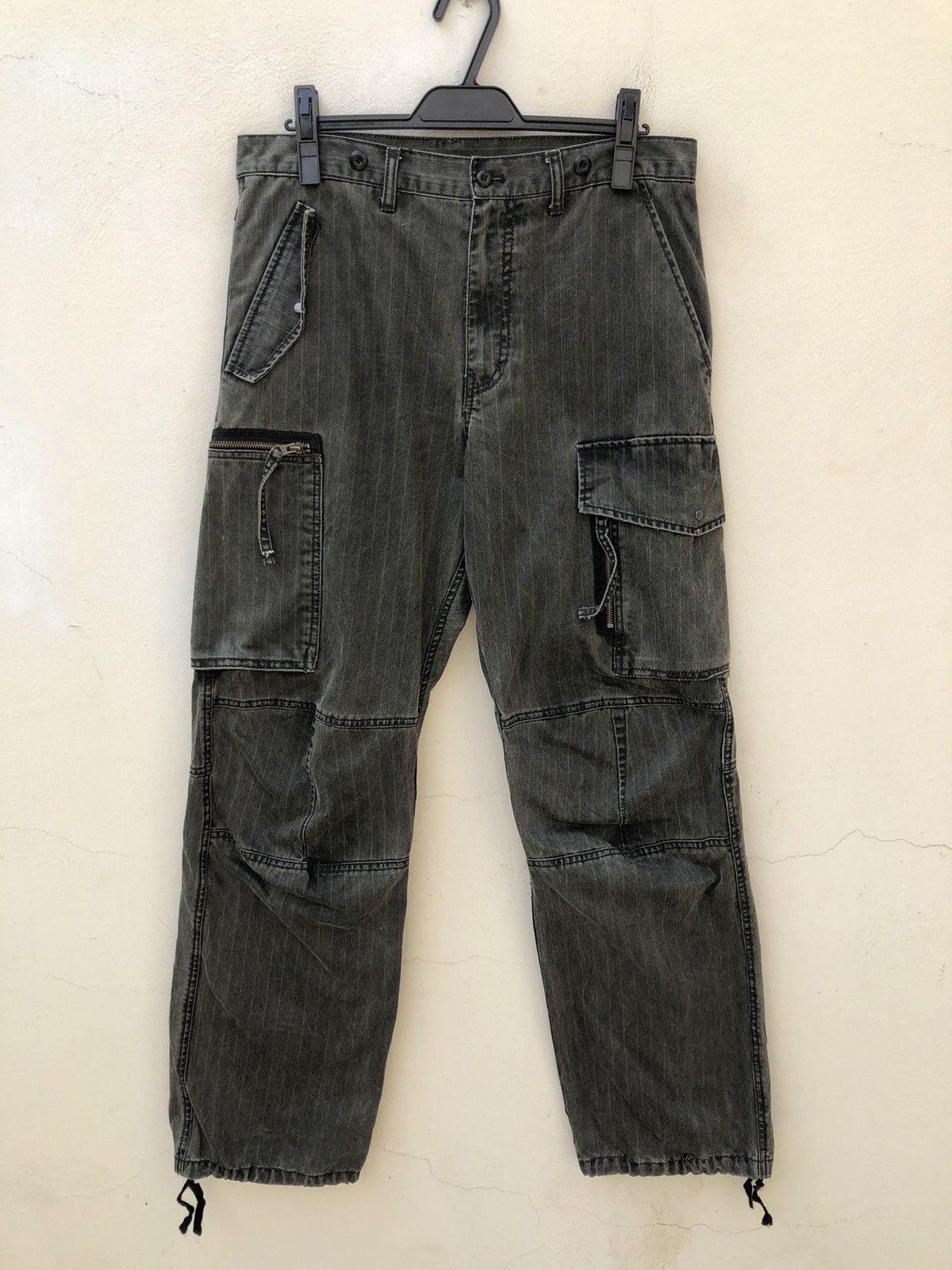 image of Ppfm Faded Black Striped Parachute Cargo Trouser Pant, Men's (Size 32)