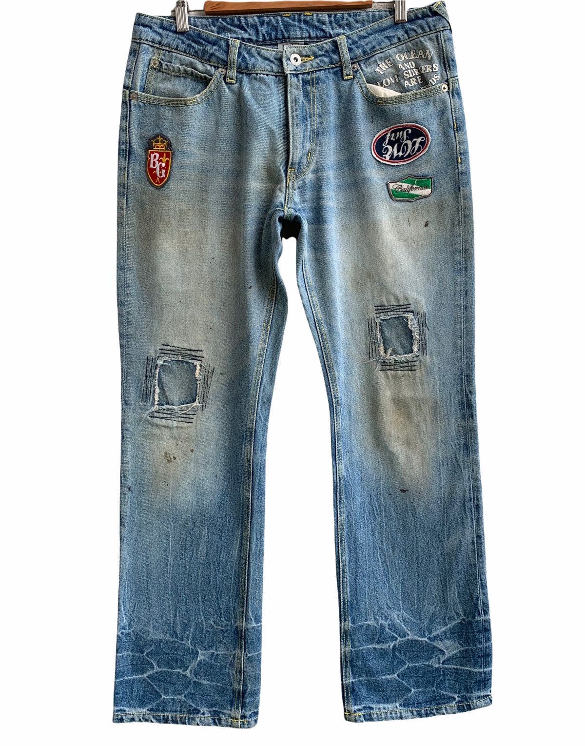 image of Distressed Body Glove Embroidery Patch Denim Pant in Blue Distressed, Men's (Size 34)