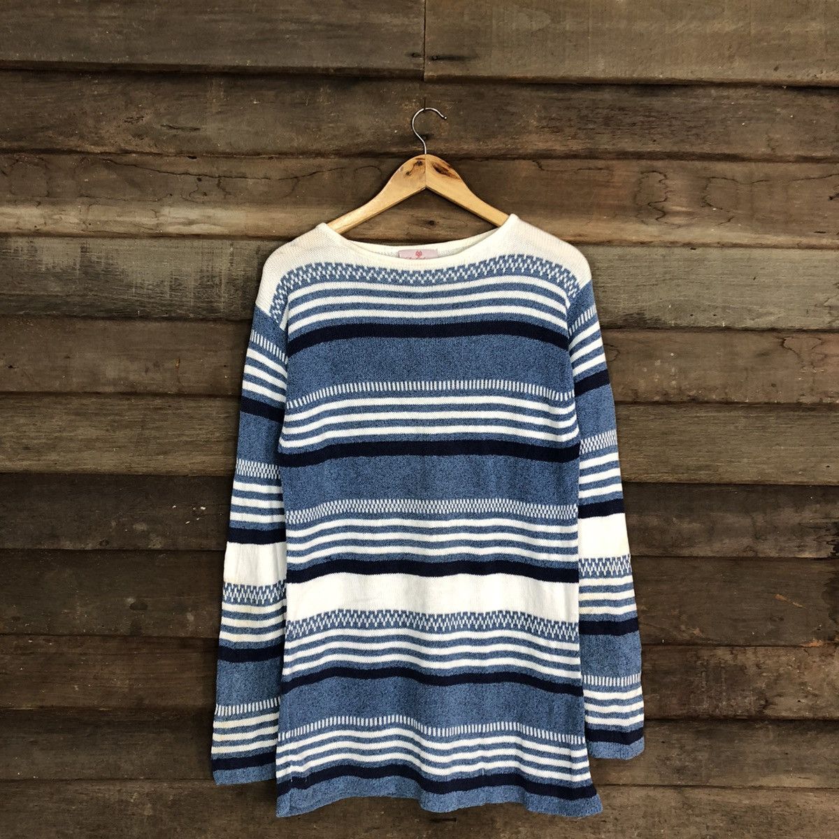 image of Homespun Knitwear x Over The Stripes Lady Arran Stripe Vintage Japan Blue Knitwear 154B in Blue Str