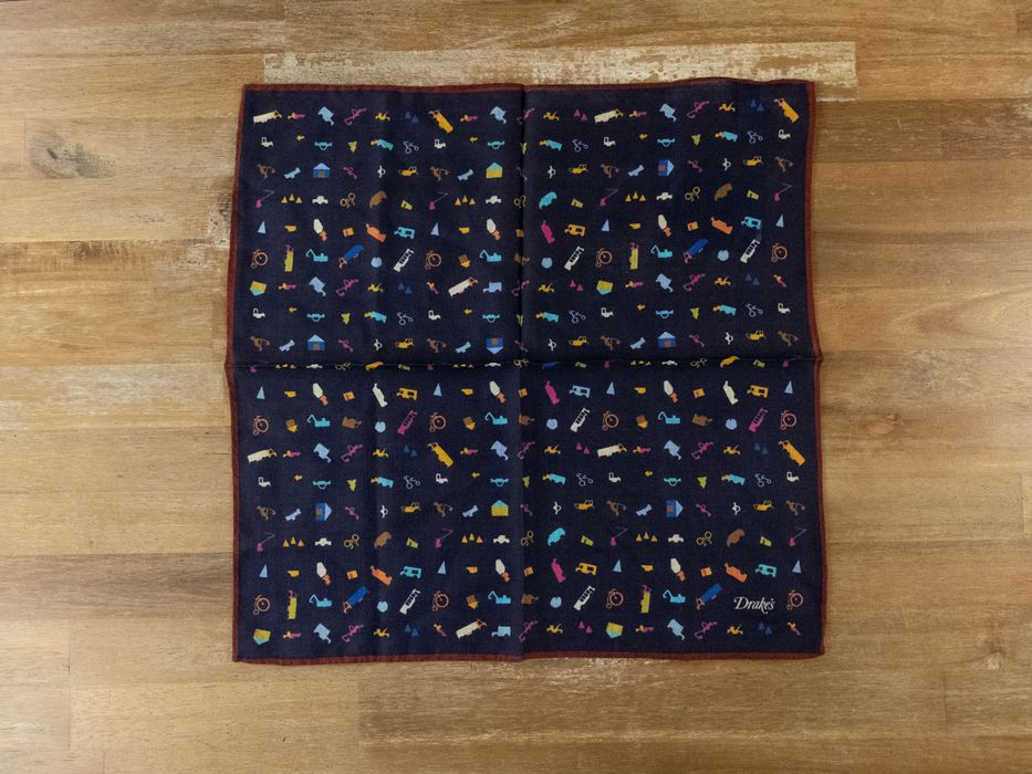 Drakes DRAKE'S London navy blue vehicles wool silk pocket square | Grailed
