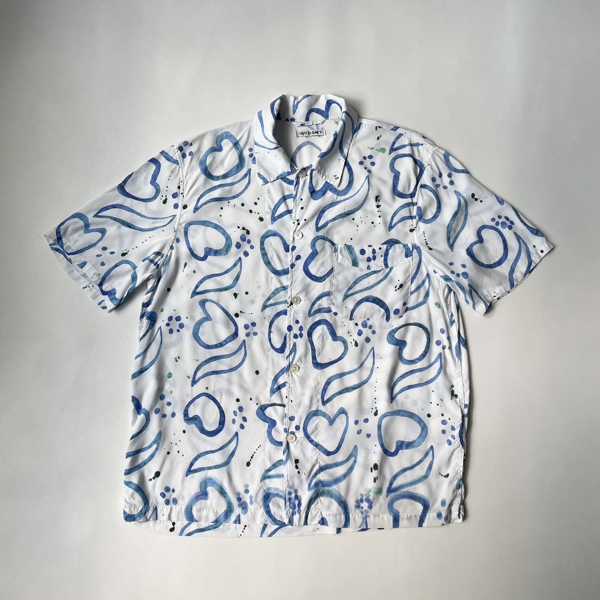 image of Our Legacy ‘Painted Heart’ Print Box Shirt in White/Blue, Men's (Size Medium)