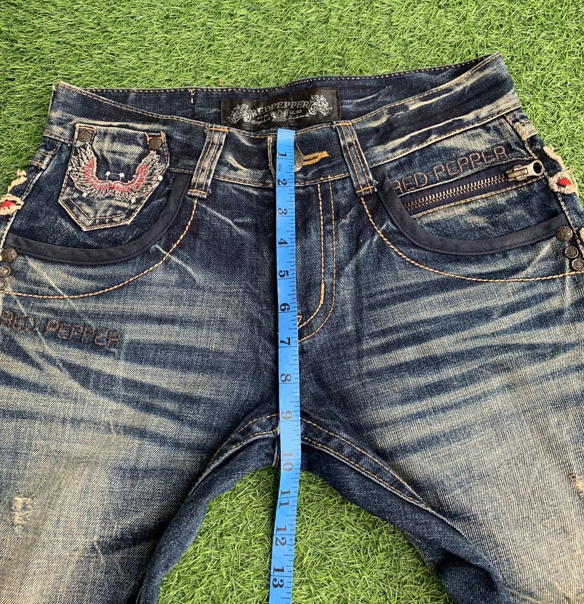 Japanese Brand Red peper embroidery spellout lot of patch distressed denim Size US 31 - 13 Thumbnail